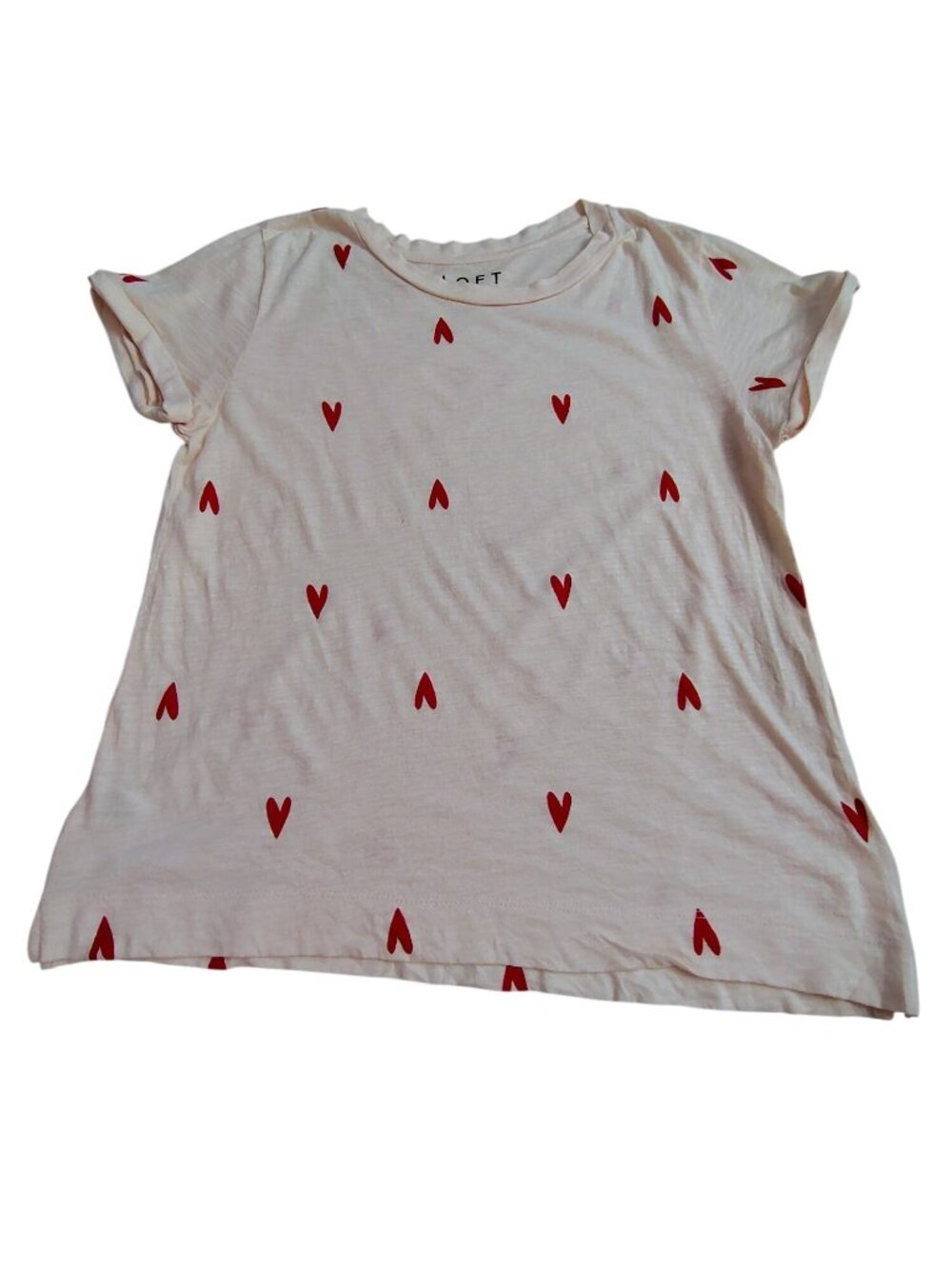 Loft Womens XS Heart Print Graphic Tee Pink & Red 100% Cotton Short Sleeve
